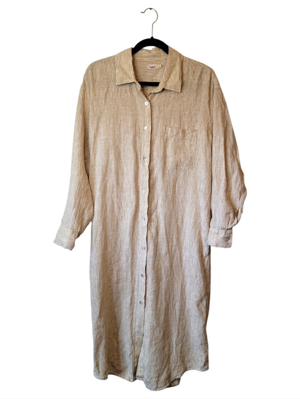 Faherty Linen Button-Front Shirt Dress in Light Beige Stripe Size M
